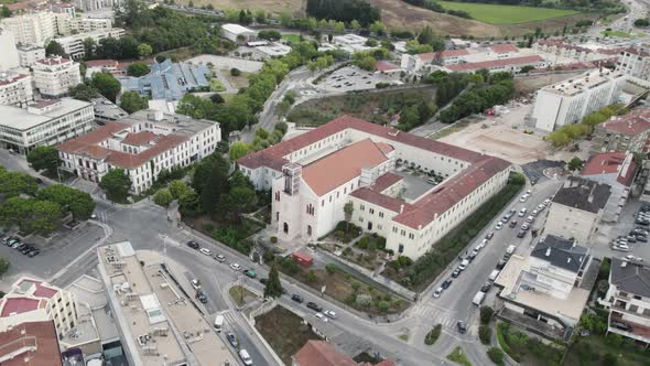 Aerial view of the Convent of Portela catholic church in Leiria, Portugal