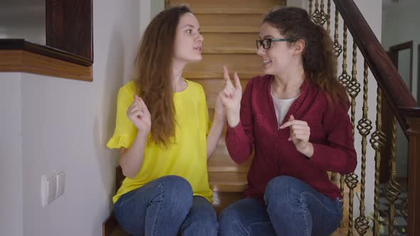 Identical Twins Talking Gesturing Explaining Different Worldview to Each Other alt