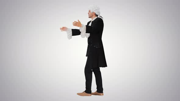 Man Dressed Like Wolfgang Amadeus Mozart Conducting an Orchestra on Gradient Background alt