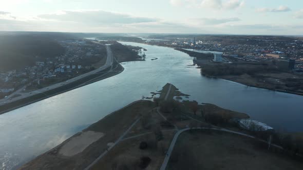 AERIAL: Flying Towards Banks of the Nemunas River with Confluence to Neris River
