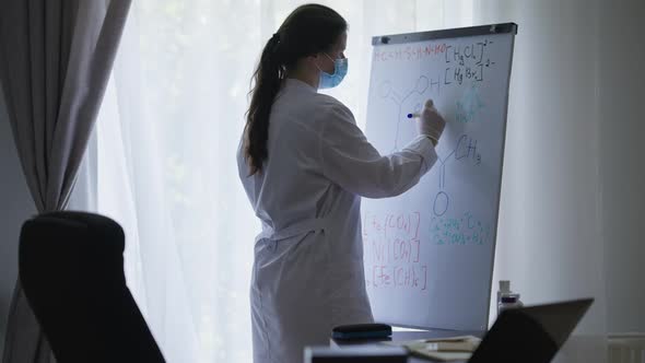 Confident Intelligent Caucasian Young Woman in Doctor Uniform and Covid19 Face Mask Writing Chemical alt