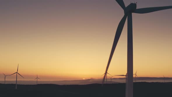 Wind Blades Turbines Produce Alternative Energy in Sunset Light