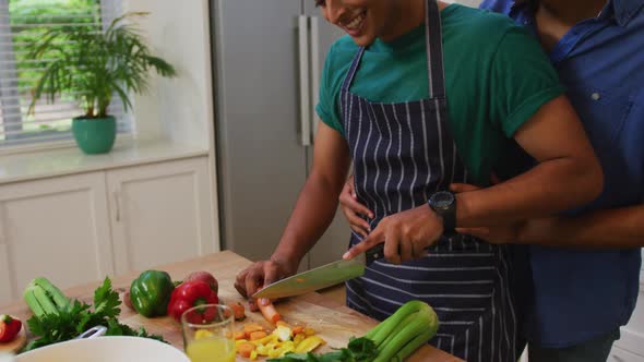 Happy mixed race gay male couple hugging while preparing food in kitchen alt