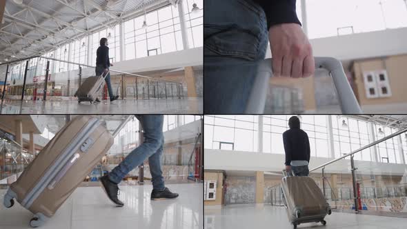 Collage Multi Camera Portrait of Full Length Side Portrait of Smiling Man Walking in Station with alt