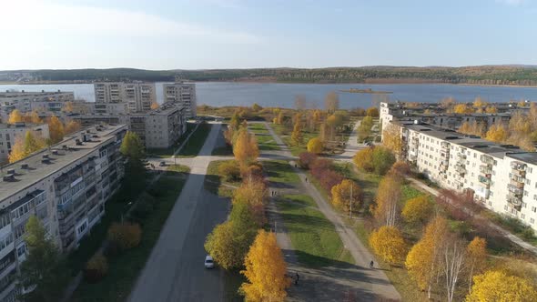 Aerial view of alley and pond in a provincial autumn town 18 alt