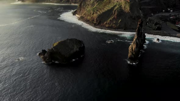 Flying Around Huge Cliff Near Ribeira Da Janela Coast, Madeira Island Portugal