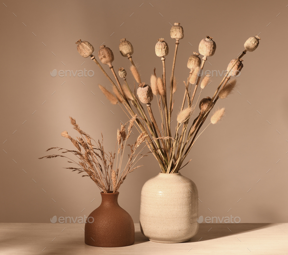 Vases with dried plants Stock Photo by annakhomulo