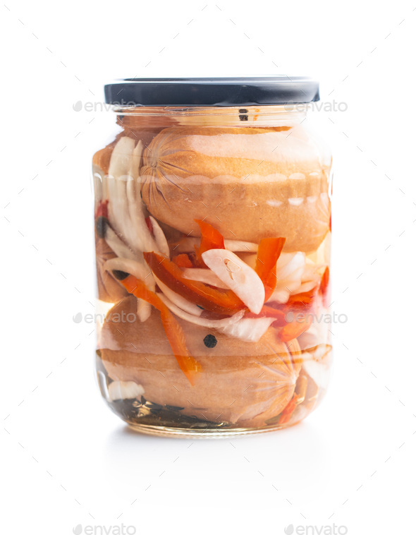 Pickled sausages with onion and red pepper. Marinated food. - Stock Photo - Images