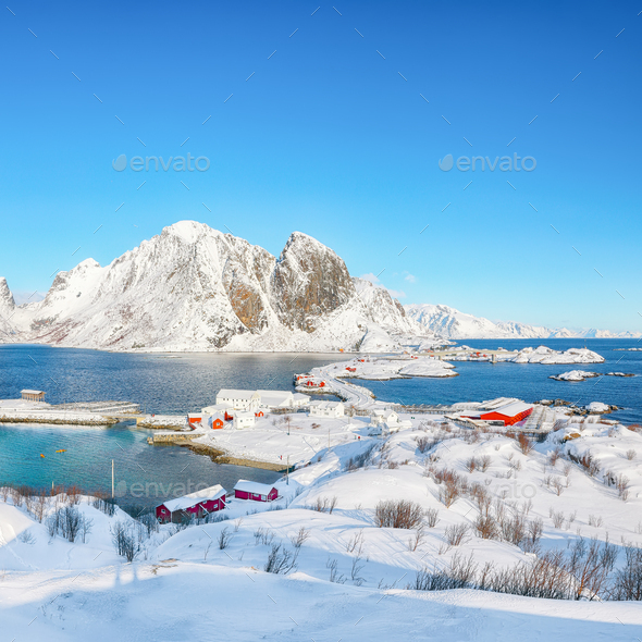 Fabulous winter view of Hamnoy fishing village and bridge seen from Olenilsoya island - Stock Photo - Images