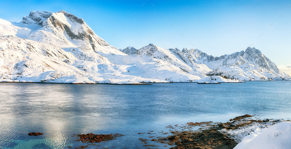 Outstanding winter view on Sundstraumen strait that separates Moskenesoya and Flakstadoya islands. - Stock Photo - Images