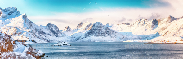 Fabulous winter view on Selfjordenn during sunny day and Krystad Village - Stock Photo - Images