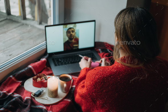 Valentines Day Ideas During The Coronavirus Outbreak. Valentines Day celebration online via video - Stock Photo - Images