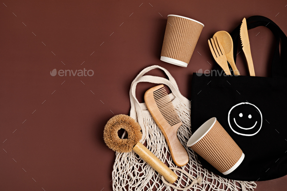 Eco friendly mug, brush,cutlery and cloth shopping bag. Zero waste sustainable lifestyle