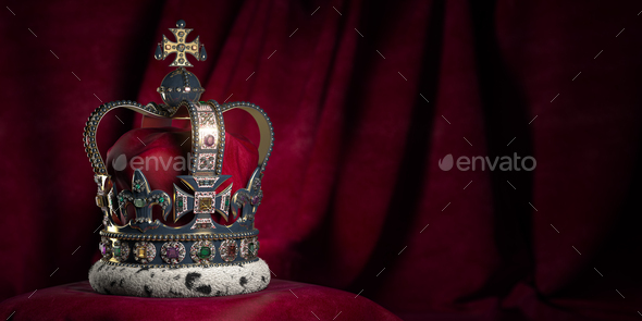 Royal golden crown with jewels on pillow on pink red background.