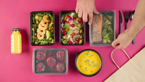 Food Delivery Top View Closing Take Away Meals in Disposable Containers on Pink Background alt
