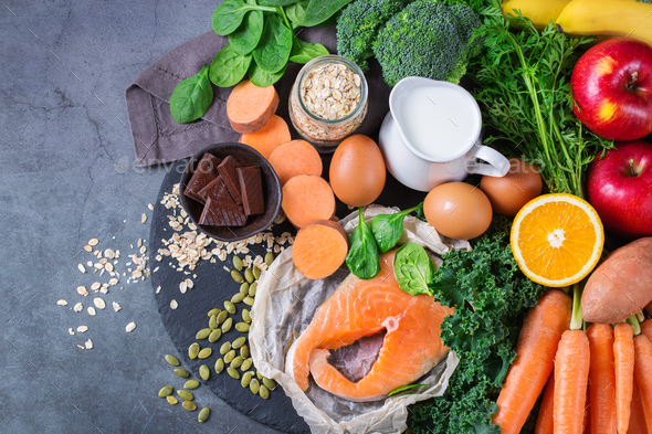 Asthma, respiratory relieving food rich in vitamin d, beta-carotene, magnesium - Stock Photo - Images