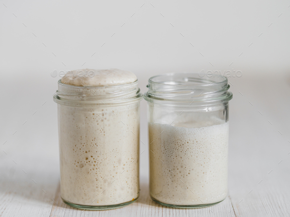 Wheat sourdough starter different hydration levels - Stock Photo - Images