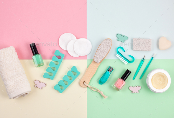 Download Mockup Of Beauty Cosmetic Products For Manicure Pedicure Feet And Hands Care Flat Lay Top View Stock Photo By Oksaly