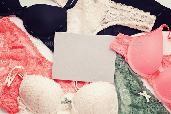 Variety of feminine lingerie. Top view, flat lay. Sales, shopping concept  Stock Photo by OksaLy