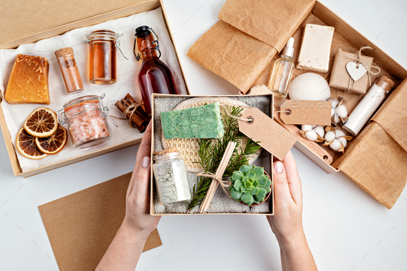 Preparing self care package, seasonal gift box with plastic free zero waste cosmetics products