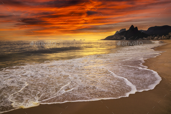 Sunset On The Ocean At Rio De Janeiro Ipanema Beach Brazil Stock Photo By Antonpetrus