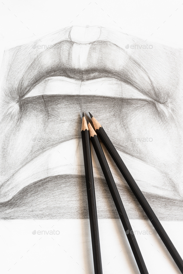 pencils on hand-drawn academic drawing of male lip