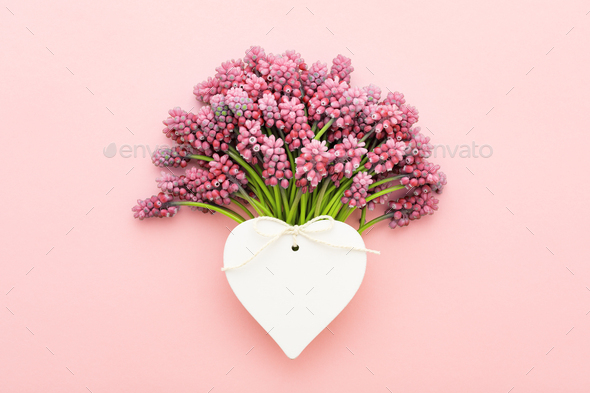 Download Pink Flowers Bouquet And Heart Shape Greeting Card Mock Up For Valentine S Day Stock Photo By Juliamanga