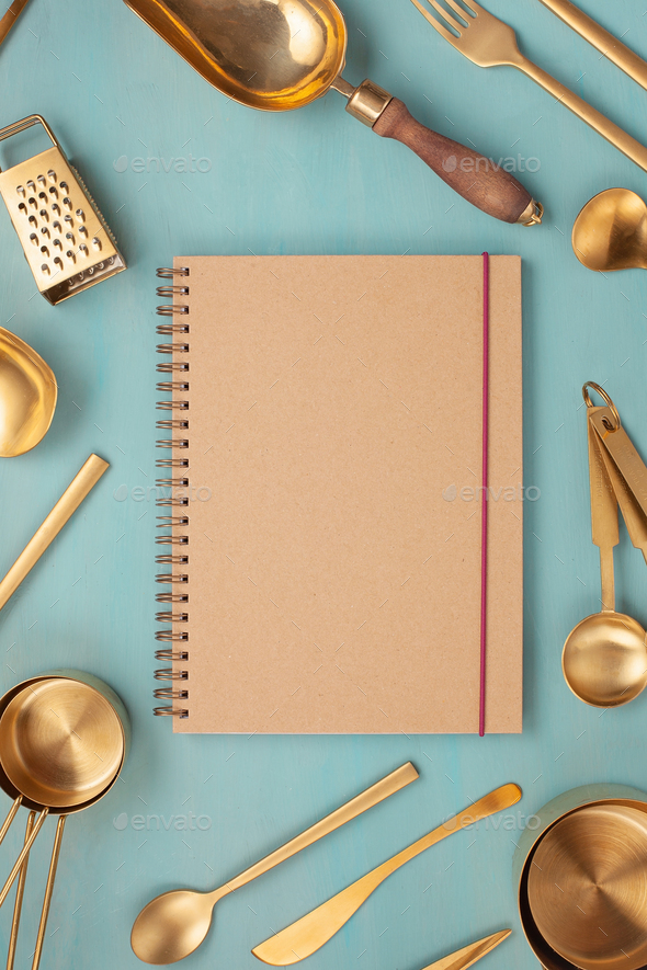 Flat lay with kitchen utensils and blank copy space. Kitchen recipe books, cooking blogs, classes