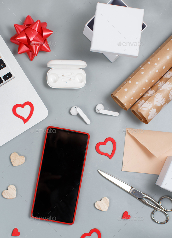 Gifts, Laptop & Pretty Wrapping Paper. Stock Image