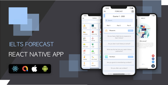English Learning App - IELTS Test/Quiz Forecasting - Full React Native Mobile App + Admin Panel