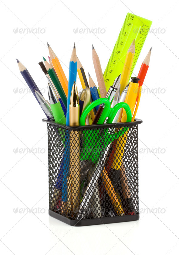 holder basket and office supplies isolated on white - Stock Photo - Images