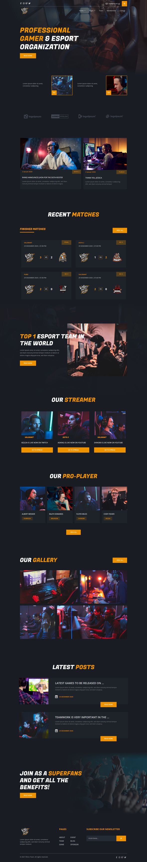 Rhino - Esports & Gaming Elementor Template Kit By Pinisiart 