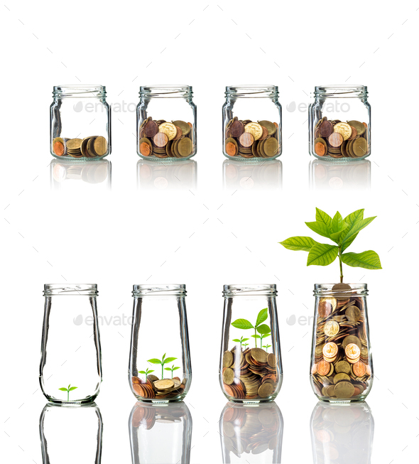 Gold coins and seed in clear bottle on white background,Business investment growth concept