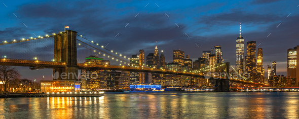 Banner and cover scene of New york Cityscape with Brooklyn Bridge over the east river - Stock Photo - Images