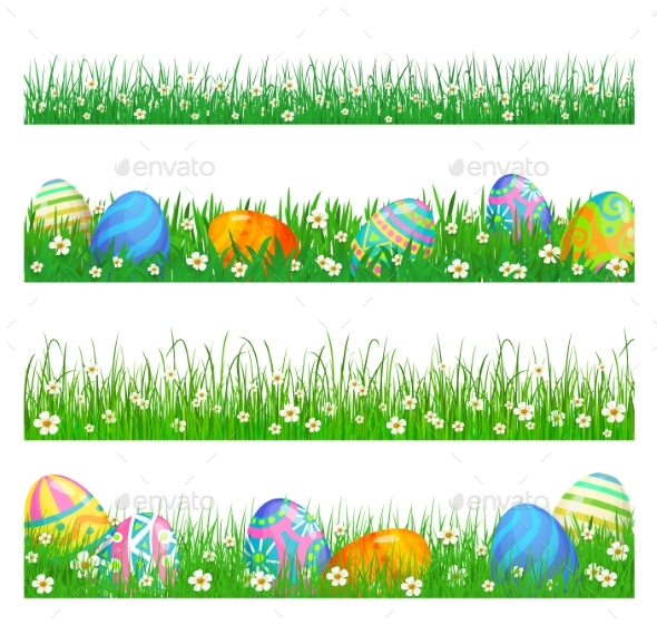 Easter Borders of Green Grass and Eggs, Vectors