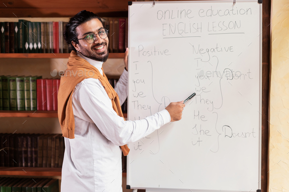 Indian Teacher Man Posing Near Blackboard Having Online Class Indoor