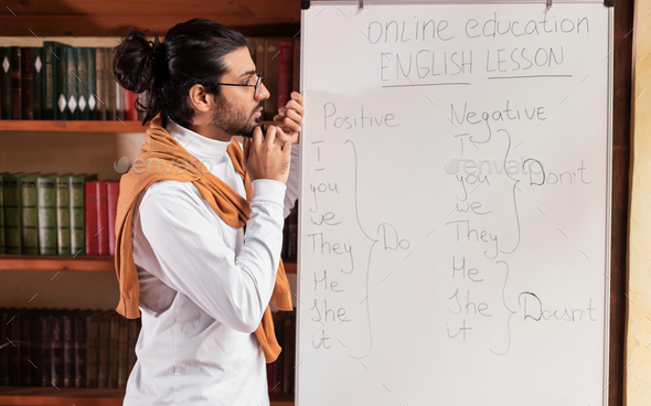 Thoughtful Indian Teacher Man Standing Near Blackboard Indoor