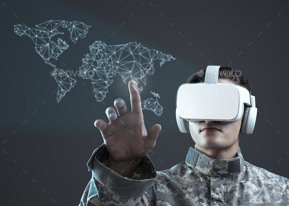 Soldier in VR headset touching hologram virtual screen military technology