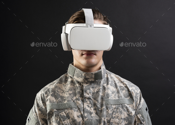 Soldier in VR headset for simulation training military technology