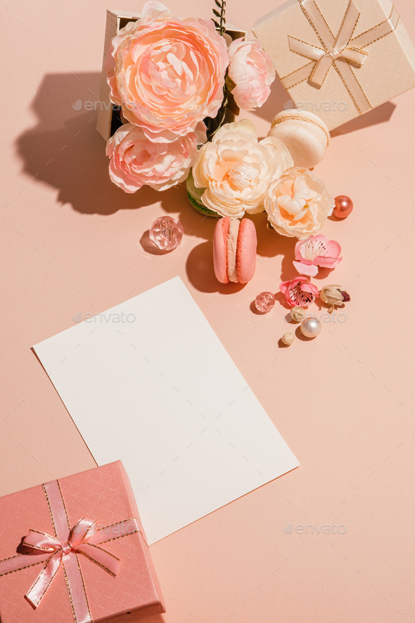 Monochrome floral background with mockup cards, invitations in peach pastel colo - Stock Photo - Images