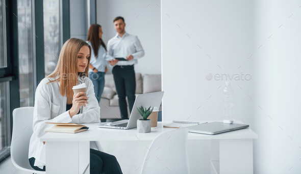 Woman with laptop sitting in front of group of young successful team
