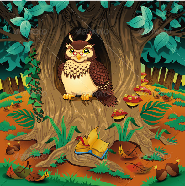 Scene with owl. Cartoon and vector illustration. - Animals Characters