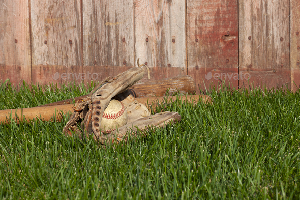 Old baseball mitt ball and bats in grass by wood fence