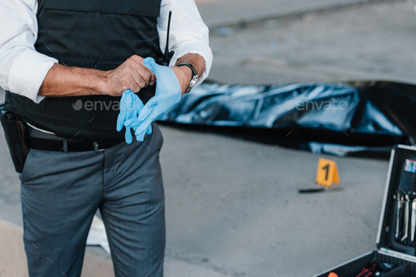 cropped image of policeman with gun in holster putting on latex gloves at crime scene with corpse in - Stock Photo - Images
