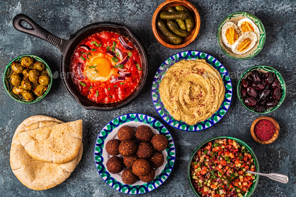 Falafel, hummus, shakshuka, Israeli salad - traditional dishes of ...