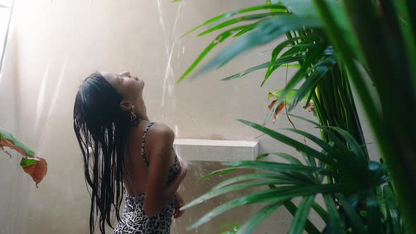 Sexy Asian Girl Alone In Exotic Shower Bathroom Luxurious Resort with Plants