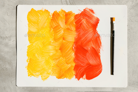 Action painting. Abstract Hand-painted yellow and orange art background. Multicolored paint strokes