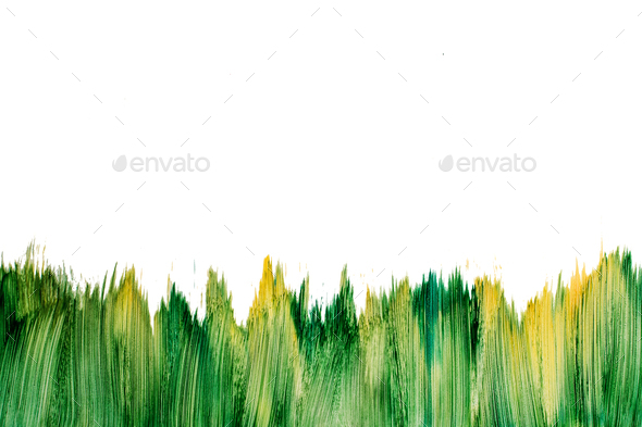 Action painting watercolor green brush mockup isolated on white. Abstract Hand-painted yellow and
