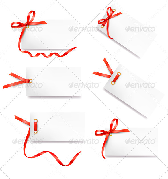 Set of card note with red gift bows with ribbons - Borders Decorative
