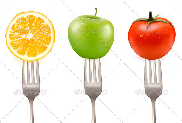 Lemon, tomato and apple on forks Concept of diet - Food Objects